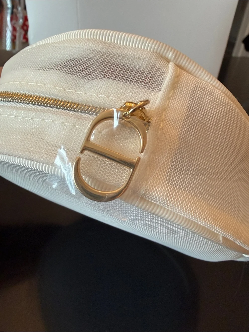 Dior Round Butterfly Embroidered Pouch in White, Pink and Gold